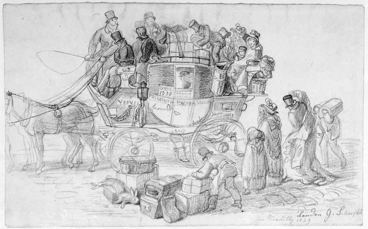 West Country Mail Coach lähtee Piccadillystä vuonna 1829 tekijältä George Snr Scharf