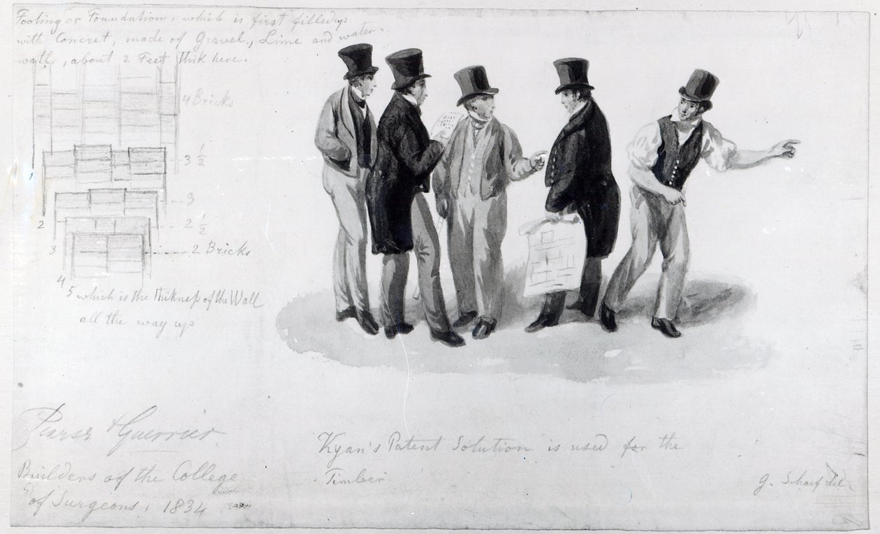 Rakentajat, katsastajat ja arkkitehdit Royal College of Surgeonsin rakennuksessa, 1834 tekijältä George Snr Scharf