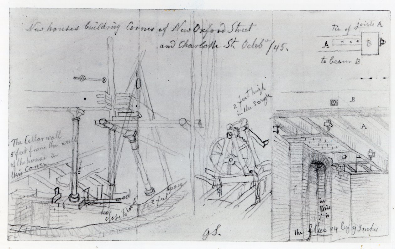 Uusien talojen rakentaminen New Oxford Streetin ja Charlotte Streetin kulmaan, 1845 tekijältä George Snr Scharf