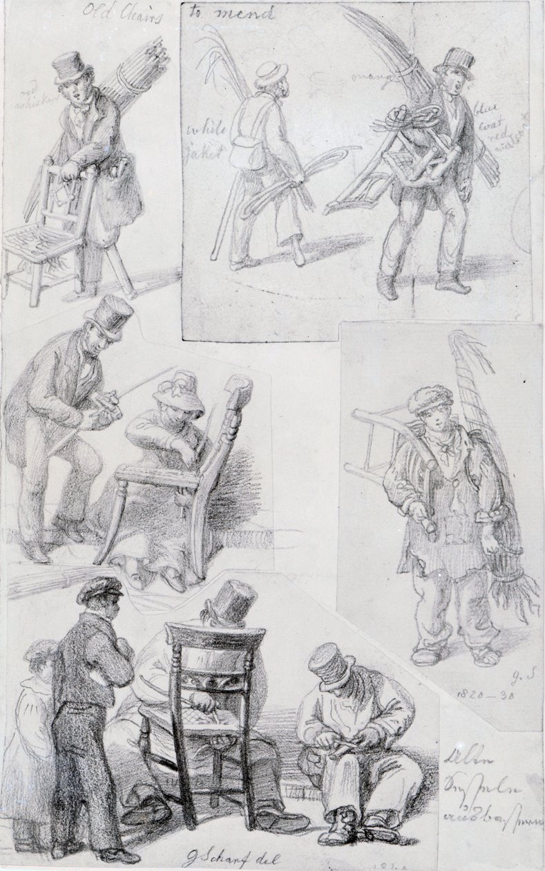 Tuolien korjaustyöt Lontoon kaduilla, 1820-30 tekijältä George Snr Scharf