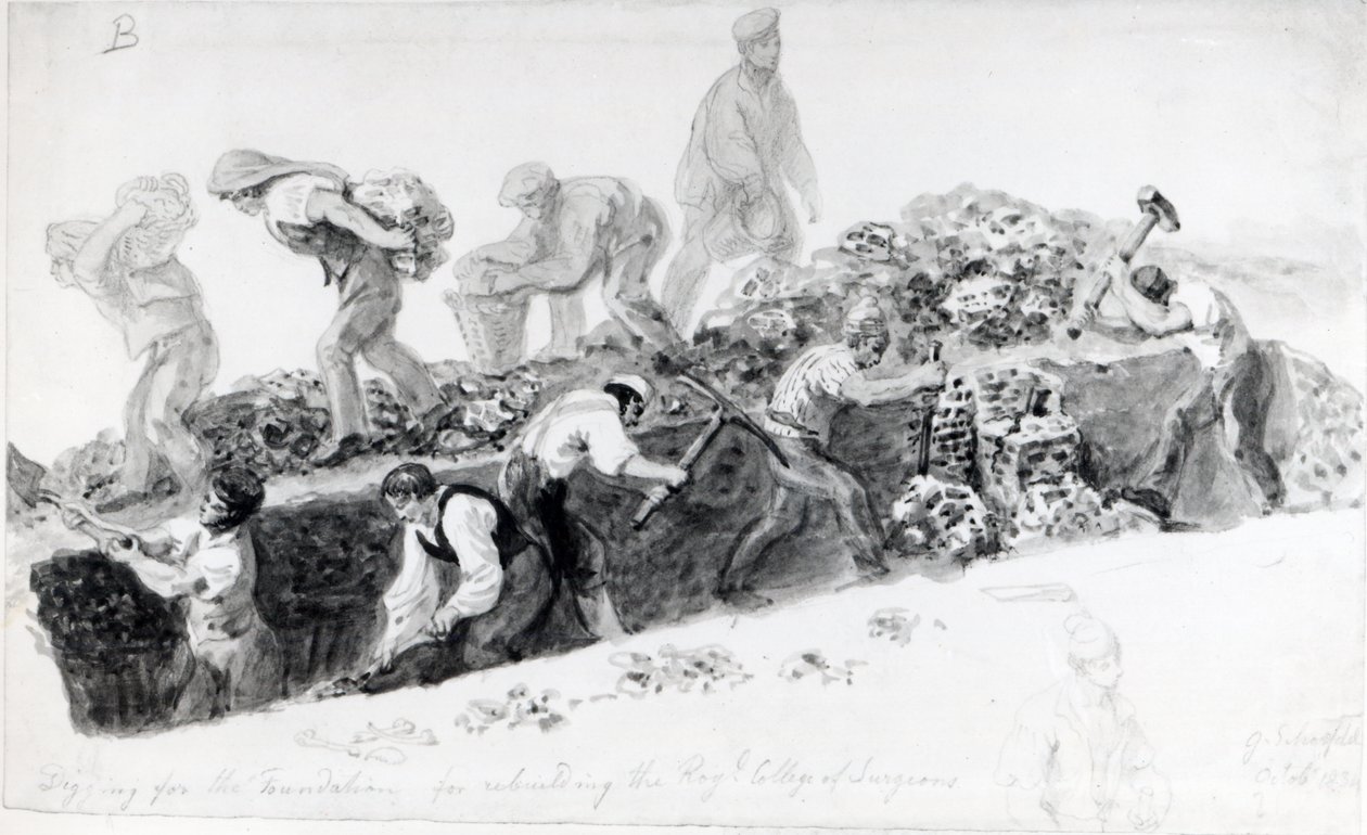 Kaivataan kuoppa Royal College of Surgeons -korkeakoulun perustuksia varten, 1834 tekijältä George Snr Scharf