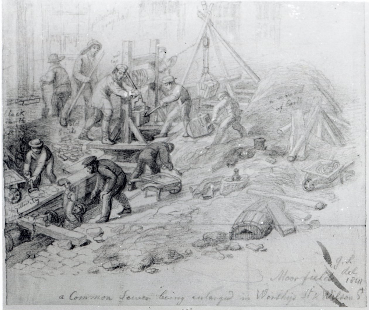 Viemärien laajentaminen Moorfieldsissä Lontoossa, 1841 tekijältä George Snr Scharf