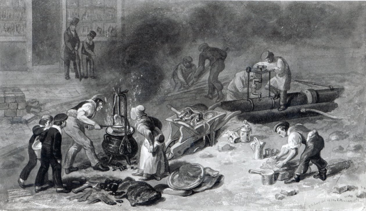 The Laying of Water-Main Tottenham Court Roadilla, 1834 (akvarelli paperille) tekijältä George Snr Scharf
