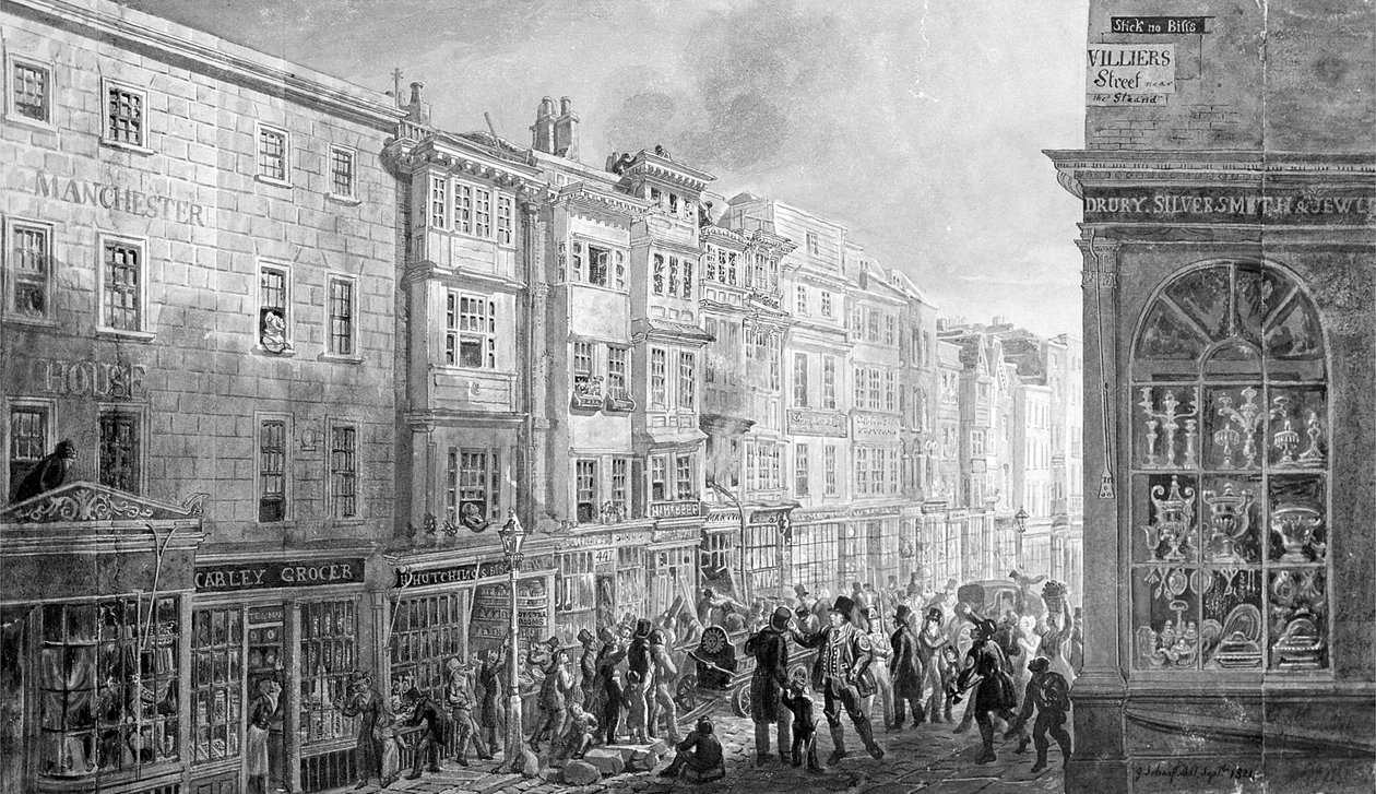 Strand Villiers Streetin kulmasta, 1824 (wc paperilla) tekijältä George Snr Scharf