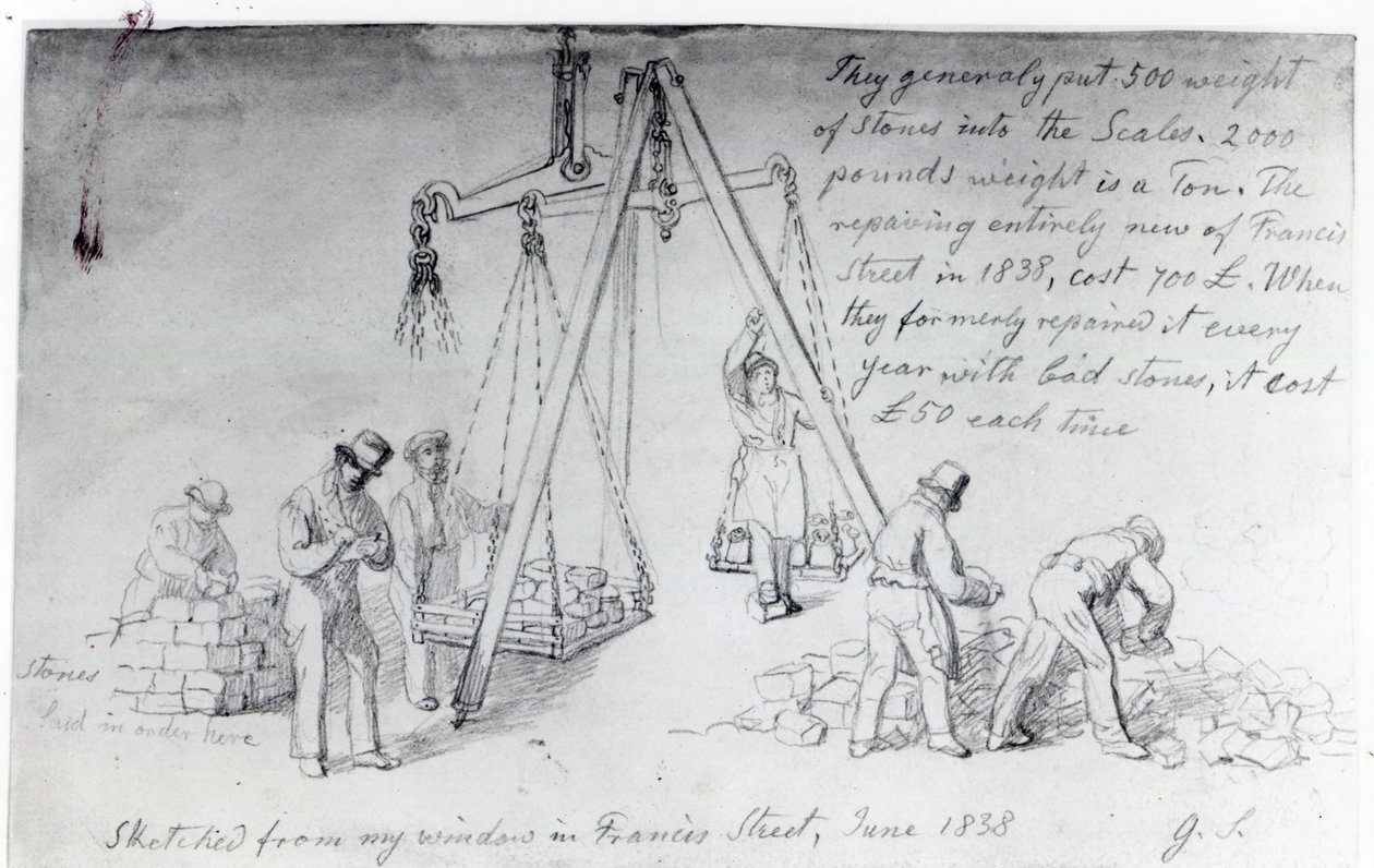 Kivien punnitseminen Francis Streetillä Lontoossa, 1838 tekijältä George Snr Scharf
