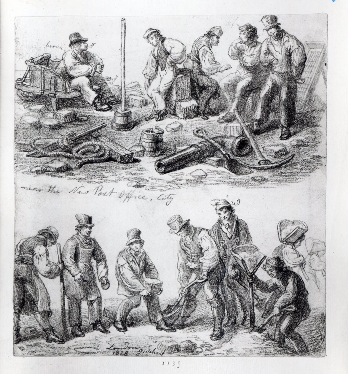 Työmiehiä lähellä uutta postia The Cityssä, Lontoossa, 1828 tekijältä George Snr Scharf