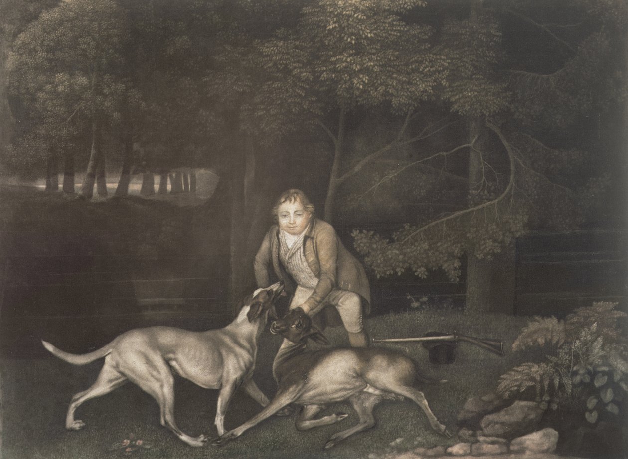 Freeman, Clarendonin jaarlin vahtimestari, koiran ja haavoittuneen peuran kanssa, 1804 (mezzotint). tekijältä George Stubbs