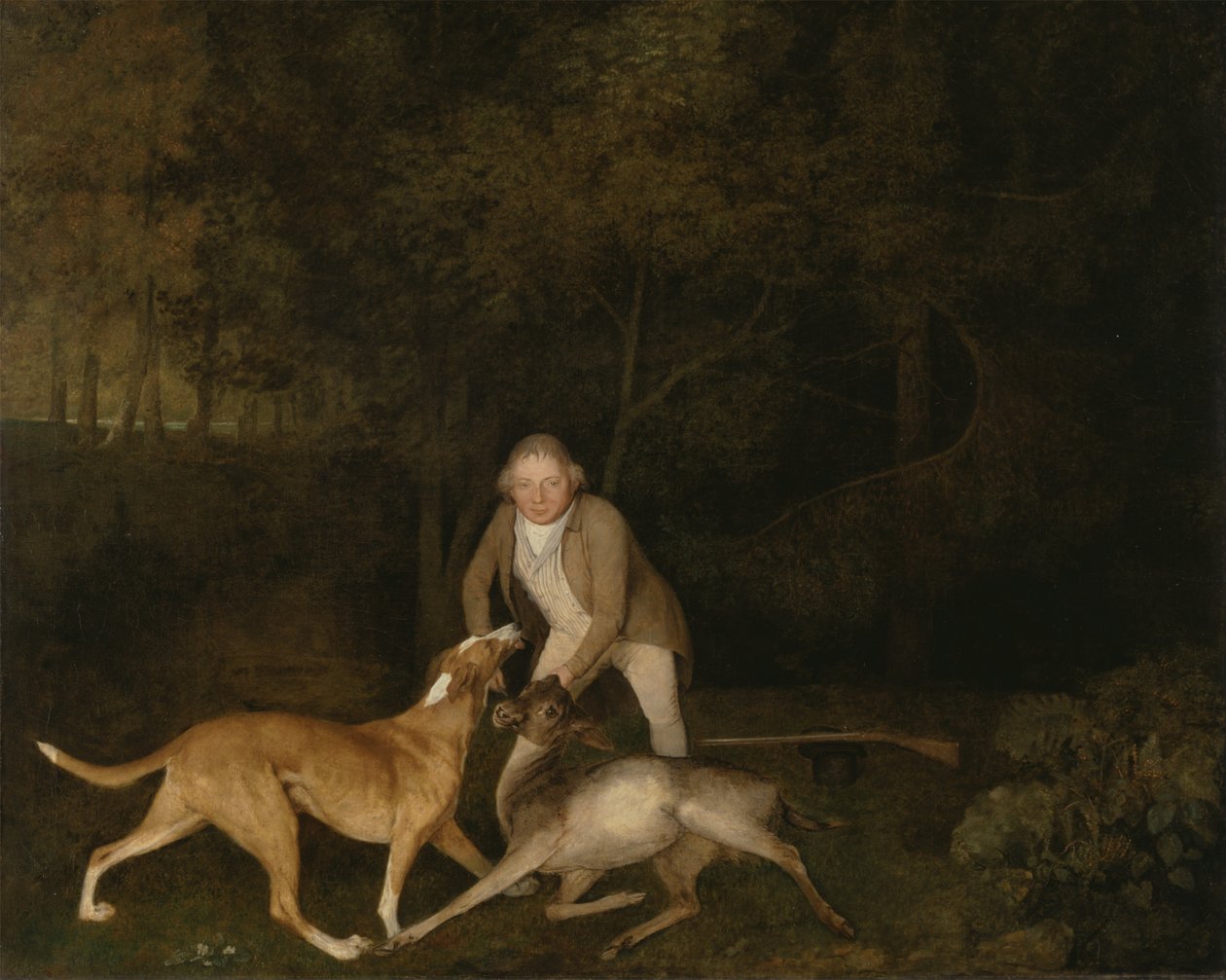 Freeman, Clarendonsin jaarlin pelinpitäjä, kuolevalla naaraskarjalla ja ajokoiralla tekijältä George Stubbs
