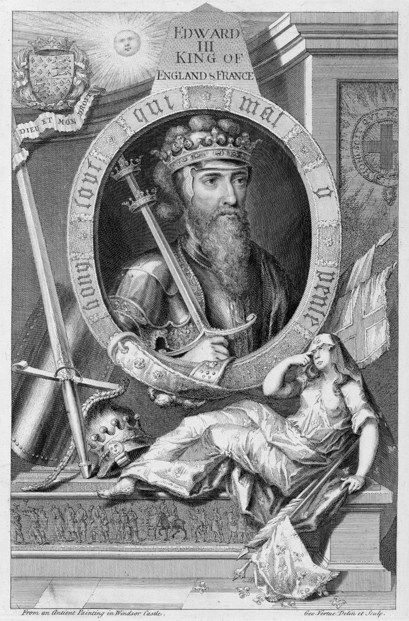 Edward III (1312-77) Englannin kuningas vuodesta 1327, taiteilijan kaivertaman Windsorin linnassa tehdyn maalauksen jälkeen tekijältä George Vertue