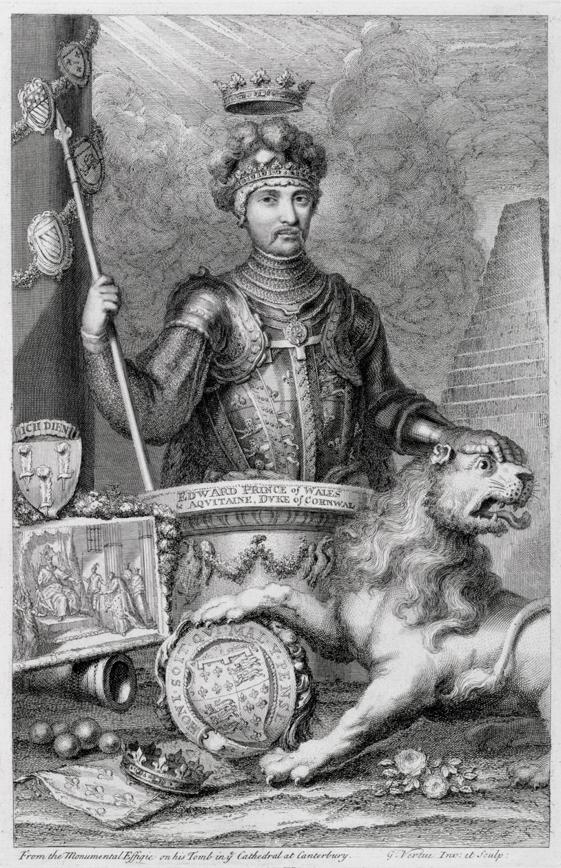 Edward The Black Prince (1330-76) Canterburyn katedraalin monumentaalisen kuvan jälkeen, taiteilijan kaivertama tekijältä George Vertue