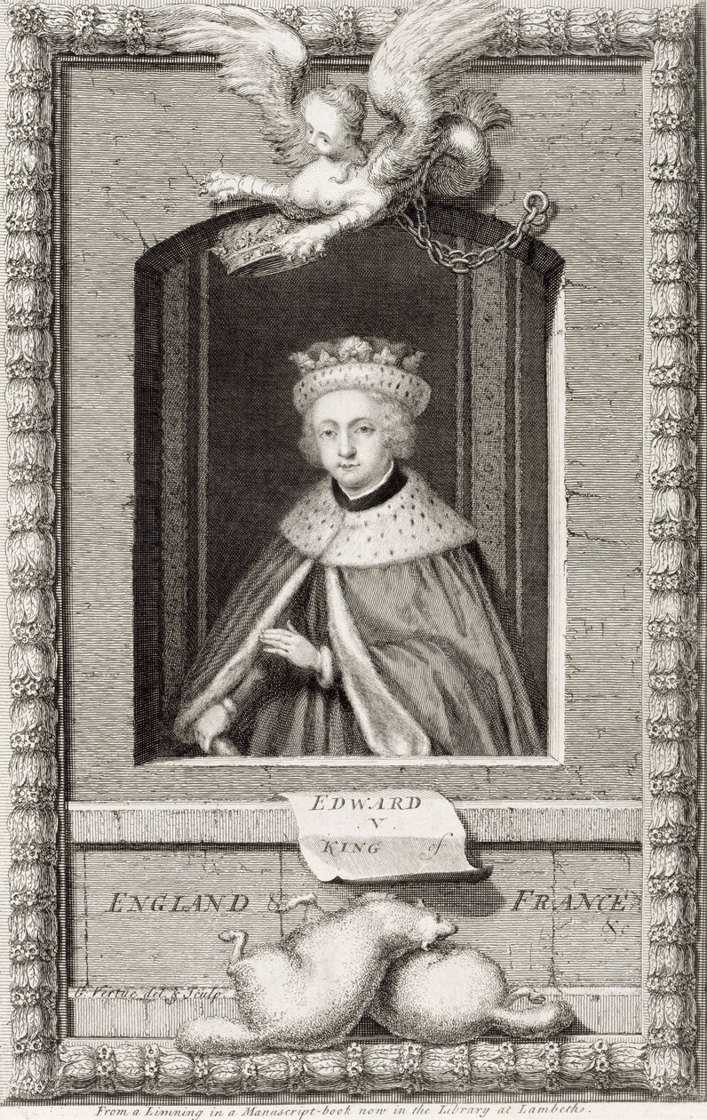 Edward V (1470-83) Englannin kuningas vuonna 1483, taiteilijan kaivertaman kirjassa olevan muotokuvan jälkeen tekijältä George Vertue