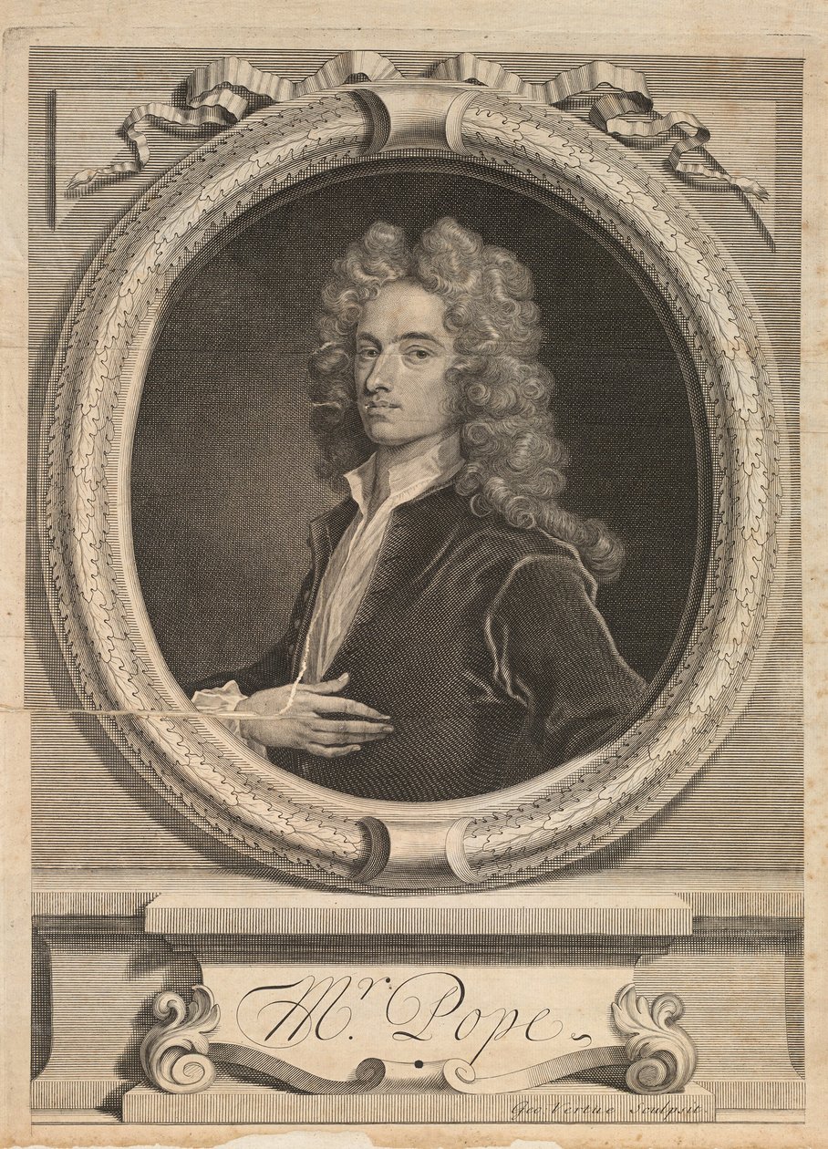 Etukappale Alexander Popen teoksesta "Works", Lontoo 1717 tekijältä George Vertue