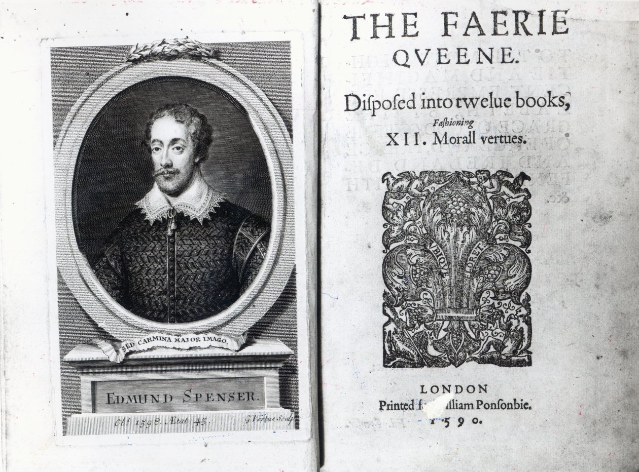 Edmund Spenserin muotokuva ja alunperin vuonna 1590 julkaistun runon "The Faerie Queene" etukappale tekijältä George Vertue