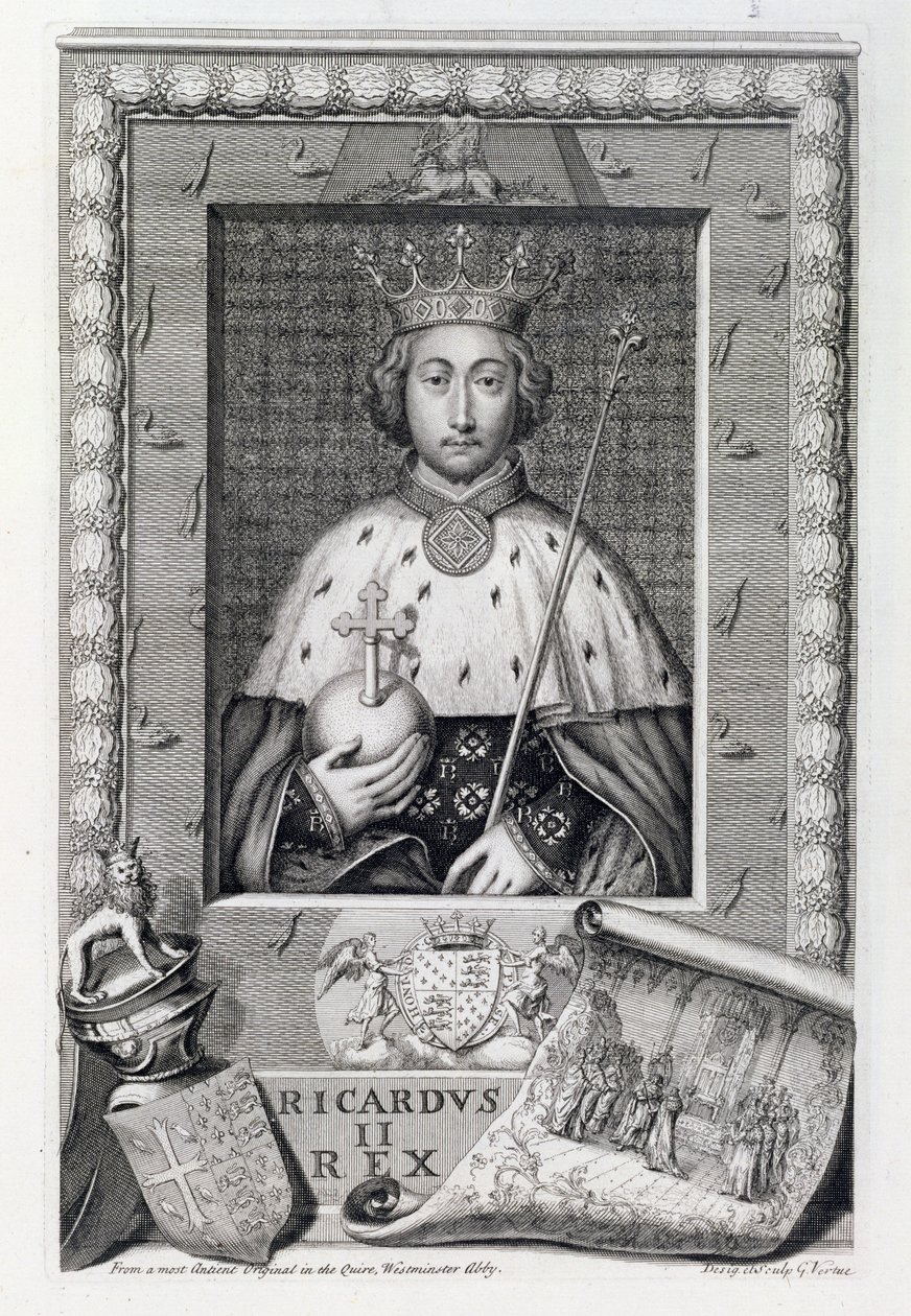 Richard II (1367-1400) Englannin kuningas 1377-1499 Westminster Abbeyssa taiteilijan kaivertaman maalauksen jälkeen tekijältä George Vertue