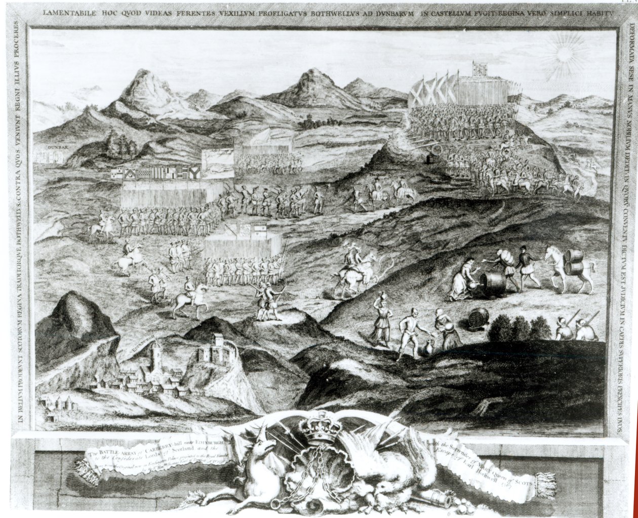 Carberry Hillin taistelualue lähellä Edinburghia, jossa Mary, Skotlannin kuningatar antautui Skotlannin konfederaatiolordille ja Earl Bothwellin pako vuonna 1567, taiteilijan kaivertama, 1743 ( tekijältä George Vertue
