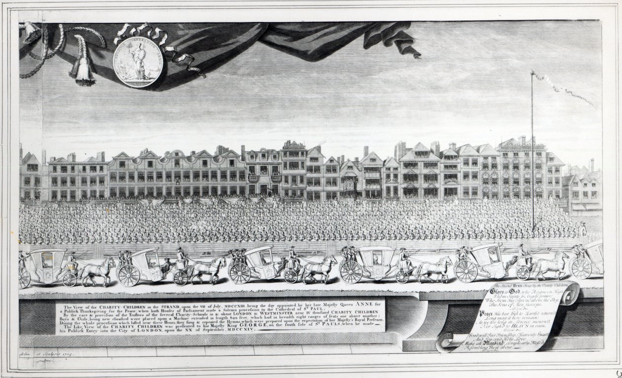 Näkymä hyväntekeväisyyslapsista Strandissa, 7. heinäkuuta 1713, printti tehty 1715 tekijältä George Vertue