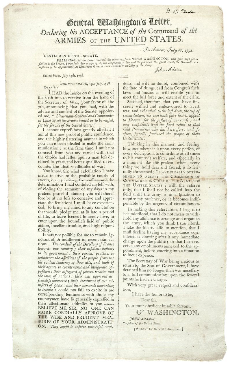 Kenraali Washingtonin kirje, jossa hän ilmoitti hyväksyvänsä komennon, 18. heinäkuuta 1798 tekijältä George Washington