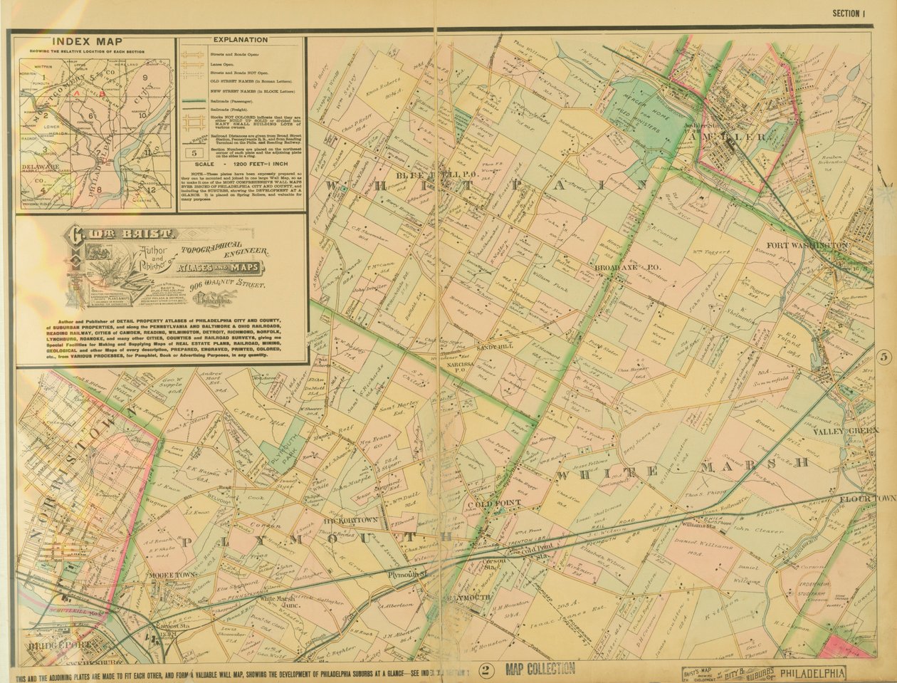 Baissin kartta, joka näyttää Philadelphian kaupungin ja esikaupunkien kehityksen, levy 1, 1897 tekijältä George William Baist