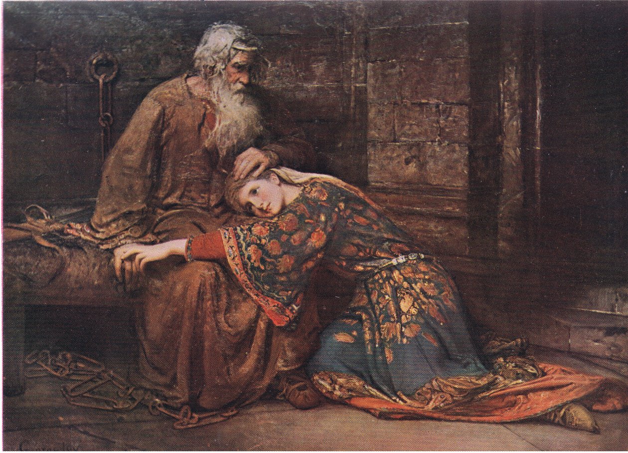 Cordelia lohduttaa kuningas Learia vankilassa (Kuningas Lear) Laulamme kaksin yksin kuin linnut häkissä, The Complete Works of William Shakespearen pub.by J Coker & Co Ltd. tekijältä George William Joy
