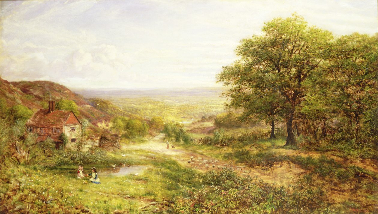 Maisema lasten kanssa lammen rannalla, 1884 tekijältä George William Mote