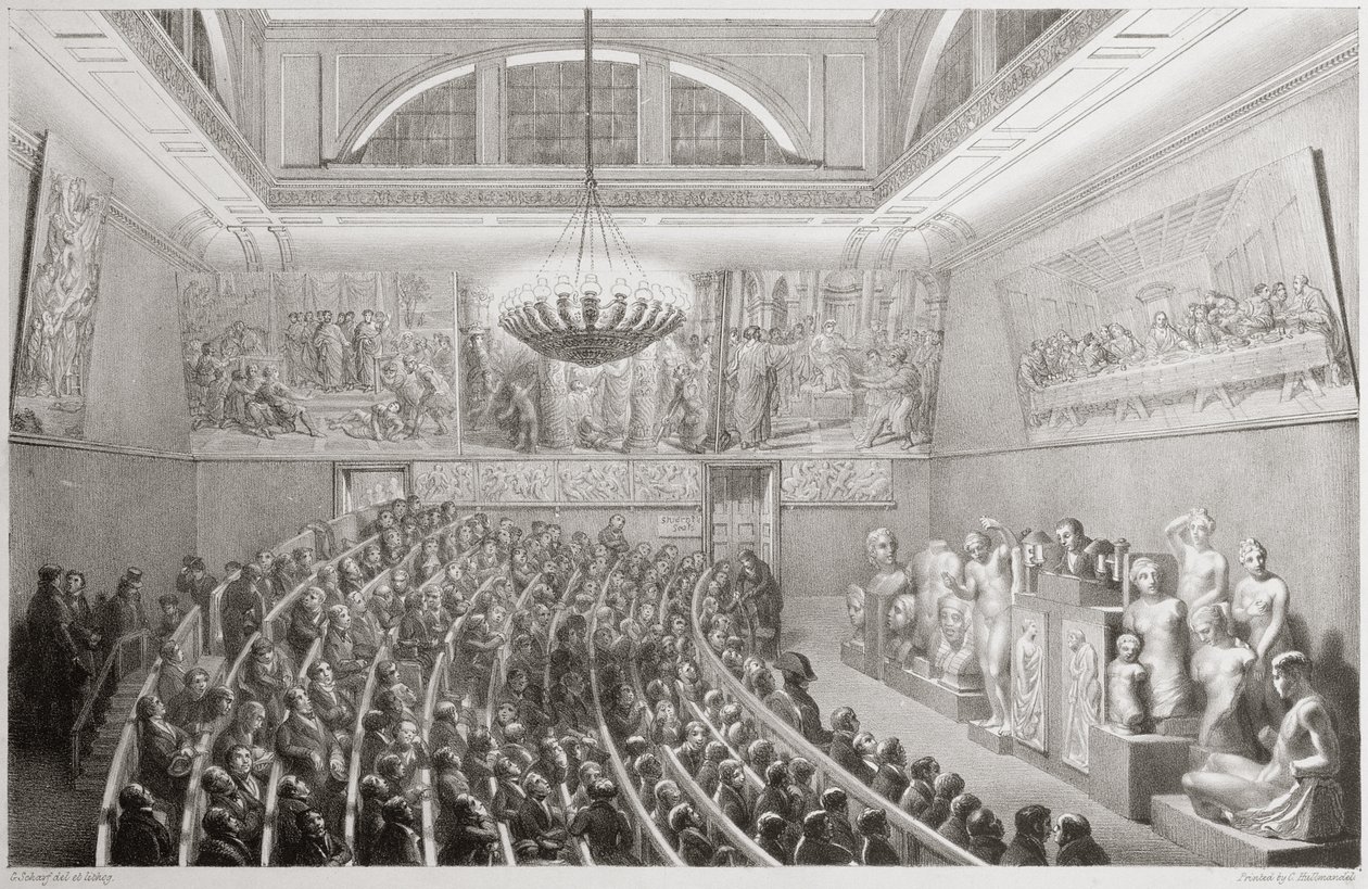 Sir Richard Westmacott (1775-1856) pitämässä luennon kuvanveistosta Royal Academy of Artsissa, Somerset Housessa 1830, 1830 tekijältä George the Elder Scharf