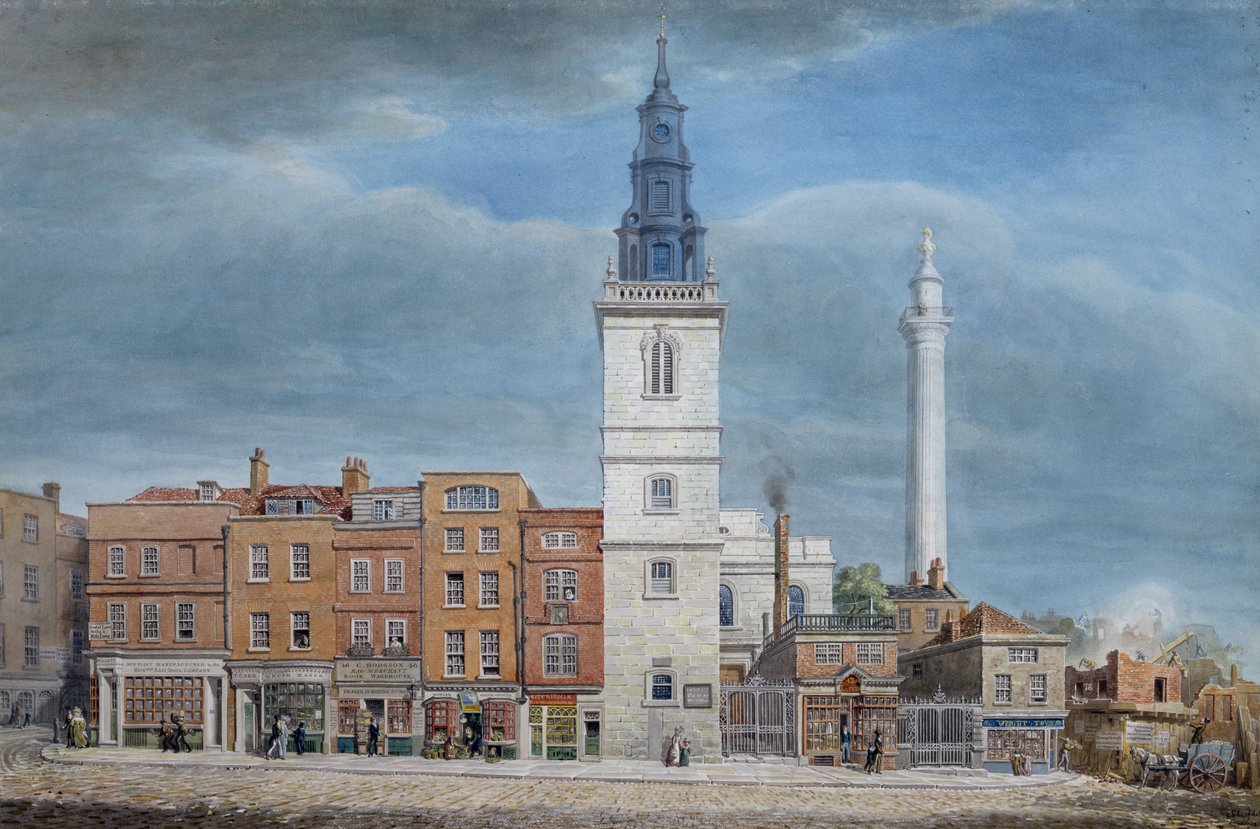 Näkymä St. Michael Churchille, Crooked Lane, Lontoo, Christopher Wrenin suunnittelema New London Bridgen purkutyöt, n. 1830 tekijältä George the Elder Scharf