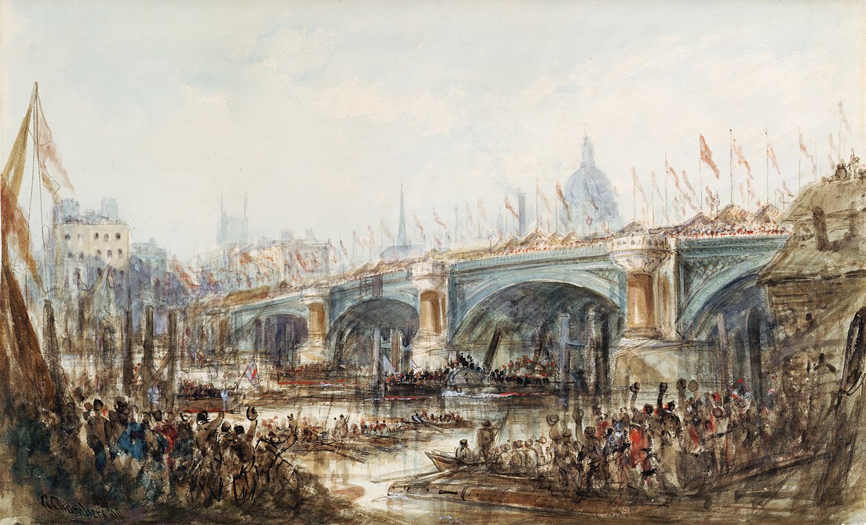 Näkymä Queen Victorian (1819-1901) uuden Blackfriars-sillan avaamisesta 6. marraskuuta 1869 tekijältä George the Younger Chambers