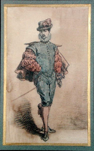 Mieshahmo historiallisessa asussa (kynä, tussi ja akvarelli paperille) tekijältä George Sand