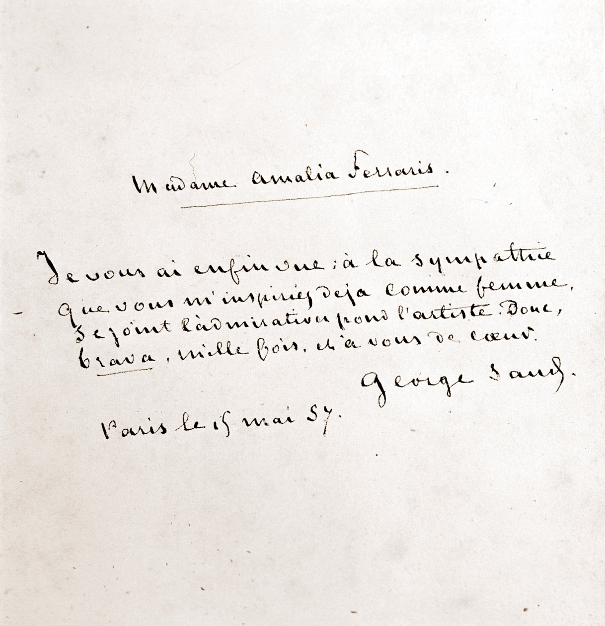 George Sandin (Aurore Dupin, Baronne Dudevant) (1804-1876) kirje Madame Amalia Ferrarisille, Pariisi 19. maaliskuuta tekijältä George Sand