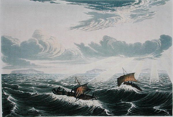 Kanootti tunkeutuu tuulen myrskyssä auringonnousun aikaan, 23. elokuuta 1821, Sir John Franklinin (1786-1847) 