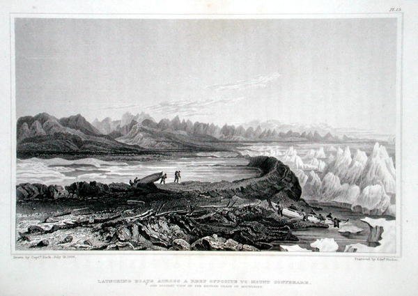 Veneiden vesillelasku riutta vastapäätä Conybeare-vuorta, 1823 julkaistusta Sir John Franklinin (1786-1847) Tarina matkasta Napameren rannoille vuosina 1819-1822. -28 (värikaiverrus) tekijältä George (after) Back