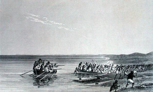 The Boats Getting Afloat, Sir John Franklinin (1786-1847) kertomus toisesta tutkimusmatkasta Napameren rannoille vuosina 1825-27, kaiverrettu Edward Finden (1791-1857), julkaistu 1828 (kaiverrus) tekijältä George (after) Back