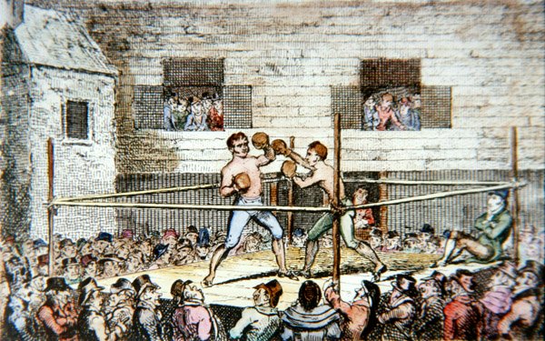 Sparrausottelu viisikenkäkentällä Lontoossa vuonna 1812 julkaistusta vedoksesta (värilitho) tekijältä George (after) Cruikshank