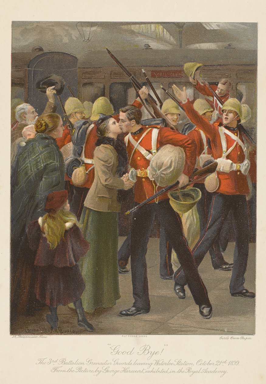 Hyvästi! 3. pataljoona Grenadier Guards lähtee Waterloon asemalta, 21. lokakuuta 1899 (chromolitho) tekijältä George (after) Harcourt