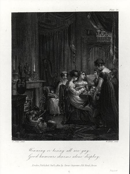 Kotimainen kohtaus, Peter Coxen teoksesta "The Social Day", kaiverrus William Bond, julkaistu 1822 (kaiverrus) (m/v kuva) tekijältä George (after) Jones