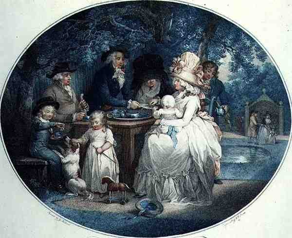 A Tea Garden, kaiverrus Francois David Soiron (s.1764), pub. kirjoittanut T. Gaugain tekijältä George (after) Morland