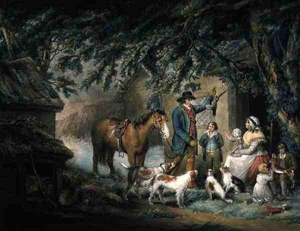 Ilta, tai Urheilijan paluu, kaiverrettu ja pubi. kirjoittanut Joseph Grozer (n. 1755-1799) tekijältä George (after) Morland