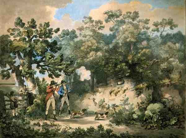 Pheasant Shooting, kaivertanut Thomas Rowlandson (1756-1827), pub. kirjoittanut J. Harris tekijältä George (after) Morland