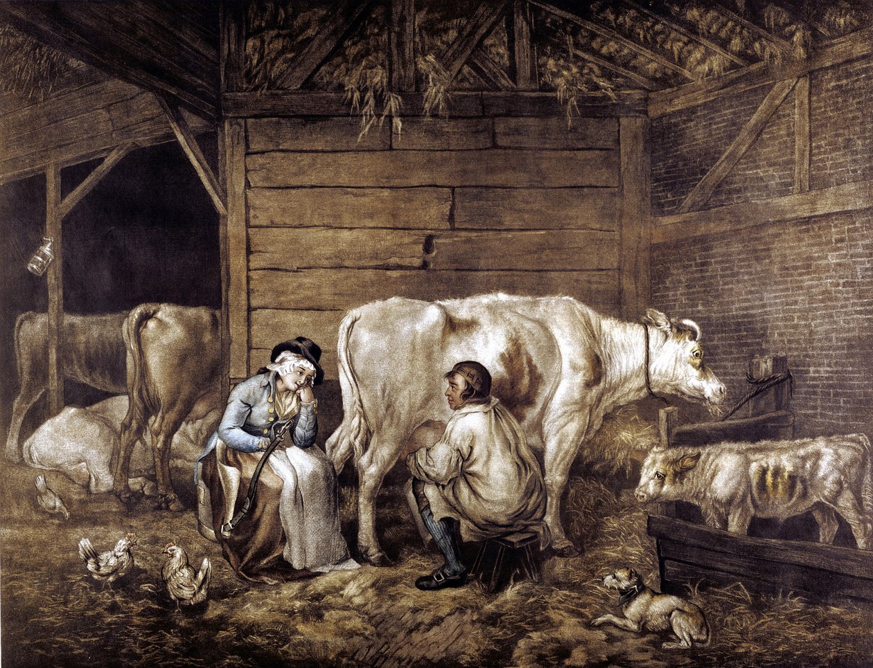 The Cowshed mezzotint George Morlandin (1763-1804) englantilaisen taiteilijan mukaan. Cowman lypsää ämpäriin. Maitotyttö odottaa, pitelee ikettä, jolla kauhat kantavat. Heinäparvi: Lyhty: kanat. Maitotytöt "kauniit", koska niitä ei merkitty isorokkoksi leh tekijältä George (after) Morland