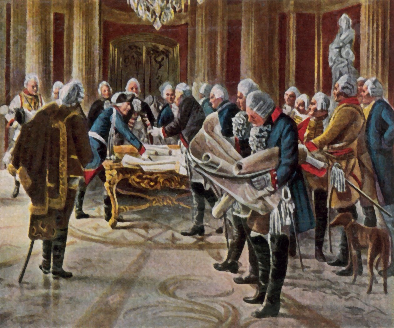 Fredrik Suuri pitää sotaneuvostoa kenraaliensa kanssa, elokuu 1756 (suurennettu värilitografia). tekijältä George (after) Schobel
