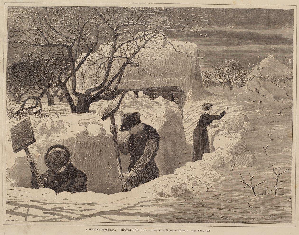 A Winter-Morning, - Shoveling Out, julkaistu 1871. tekijältä George A. Avery