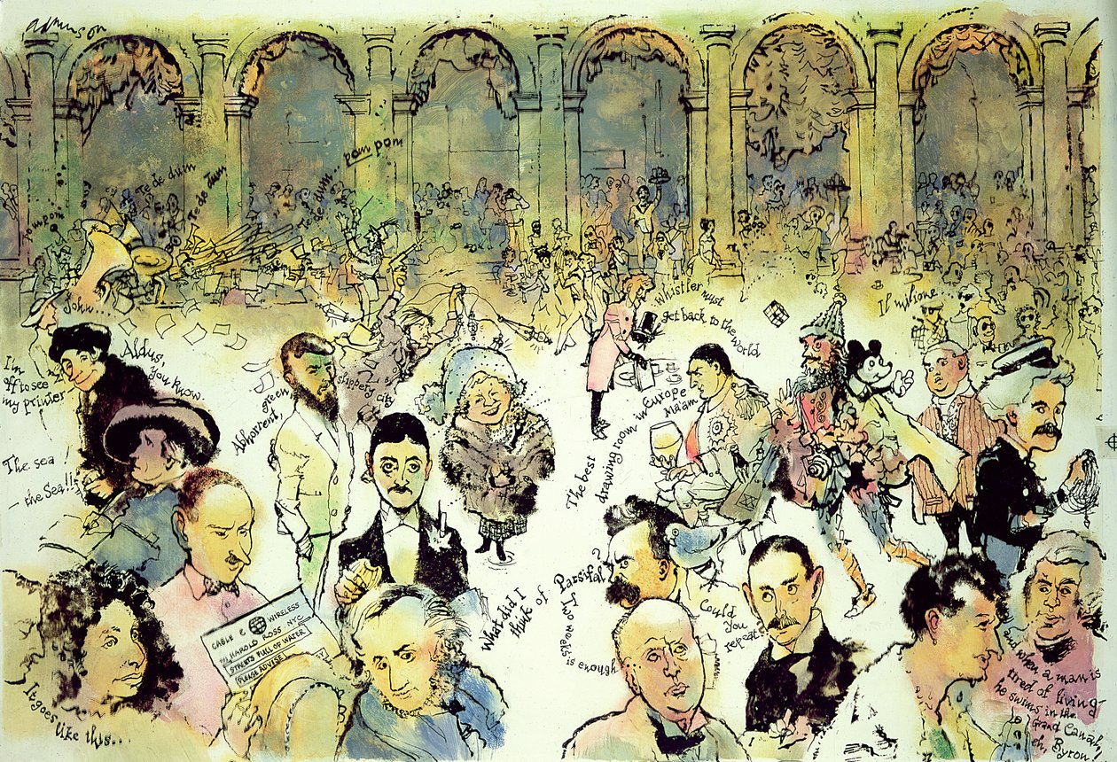 Kuuluisia kasvoja Florianien ulkopuolella Piazza San Marcolla, Venetsiassa, n. 1990 (guassi kovalevyllä, muste asetaattipäällyksellä) tekijältä George Adamson