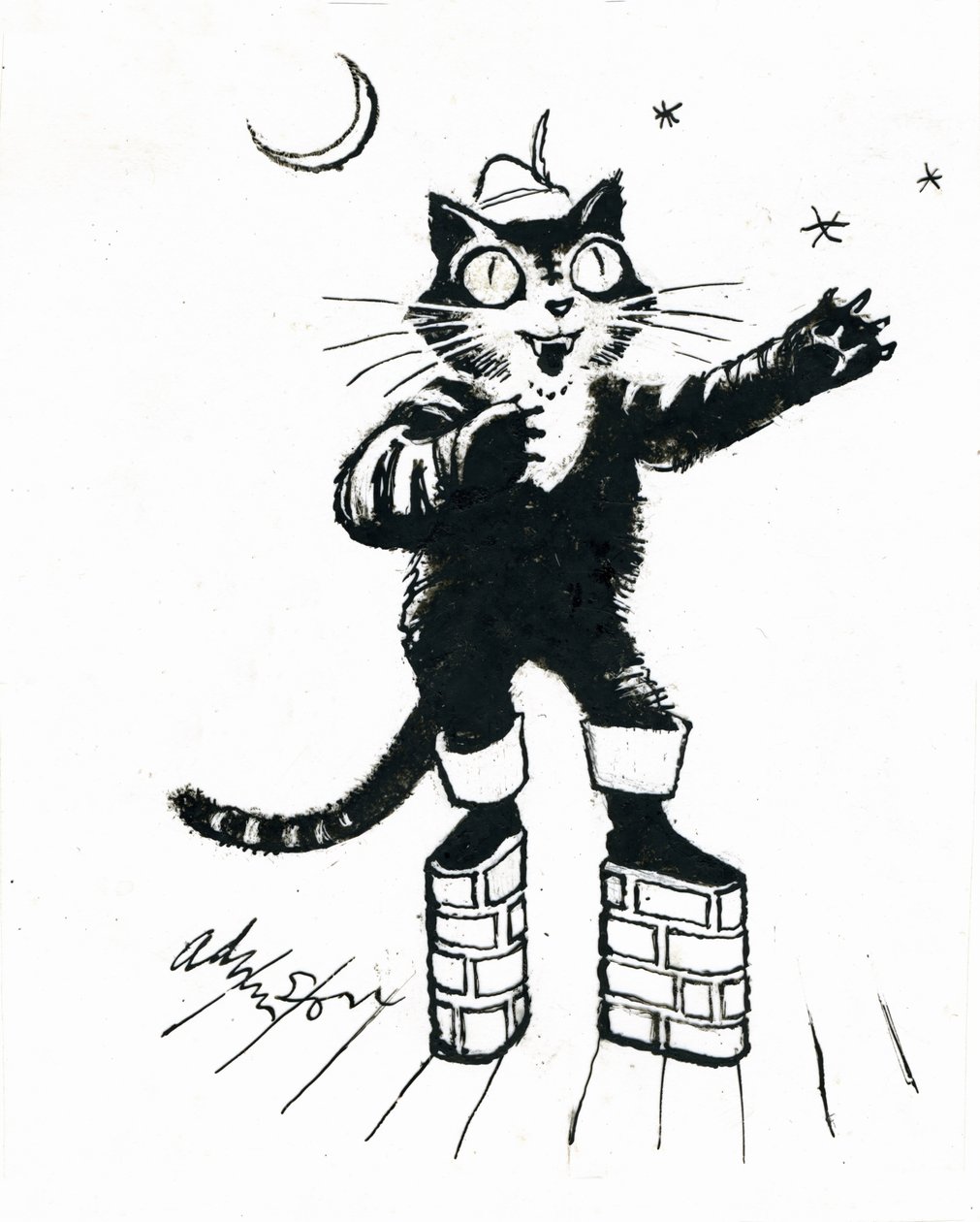Puss in (tiiliseinämäinen alusta) saappaat (mustetta läpinäkyvälle valkoiselle kortille) tekijältä George Adamson