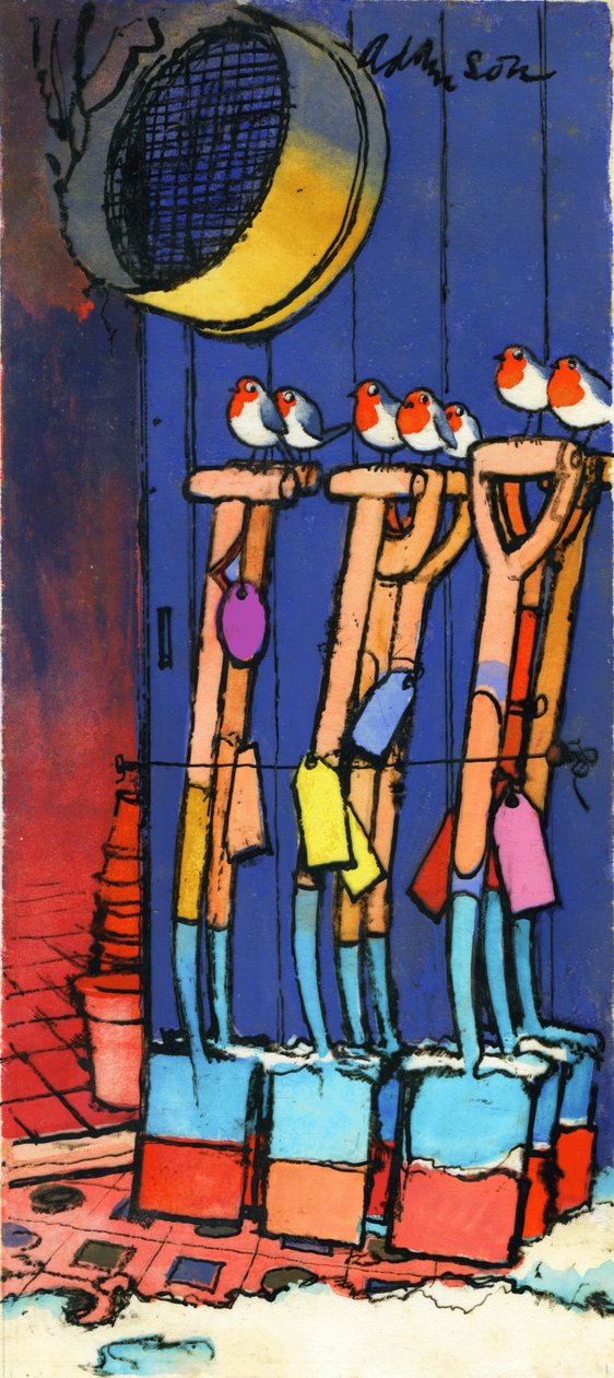 Robins and Spades, 1970-luku (intialainen muste läpinäkyvyydellä guassin päällä kortilla) tekijältä George Adamson