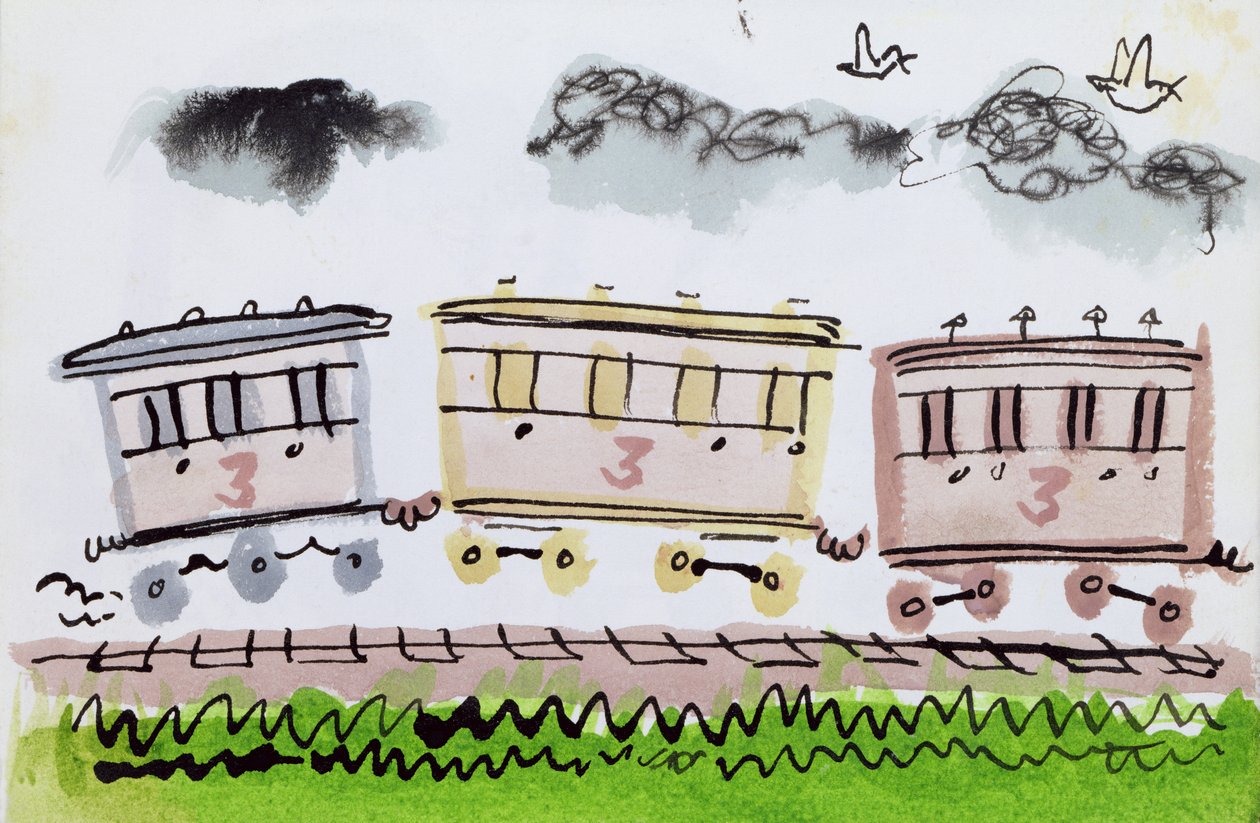 The Steam Train, osa II, 1952 (intialainen muste ja kynä ja pesu paperille) tekijältä George Adamson