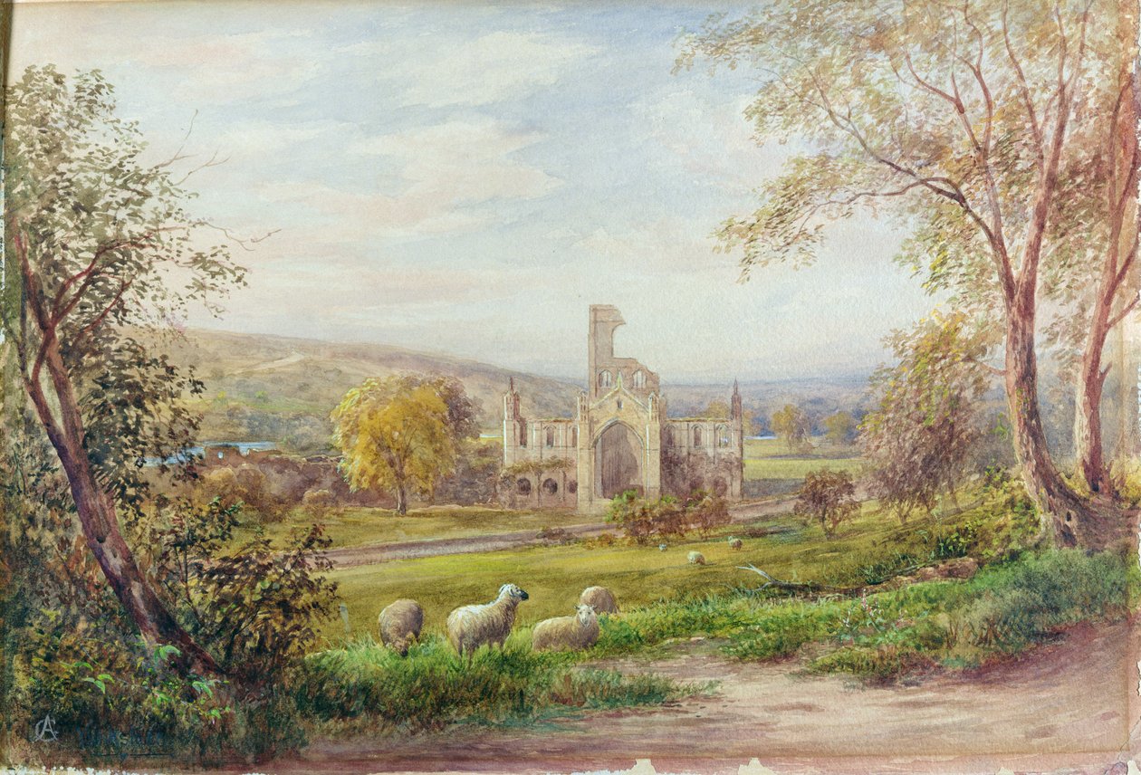 Kirkstall Abbey, Leeds (akvarelli paperille) tekijältä George Alexander