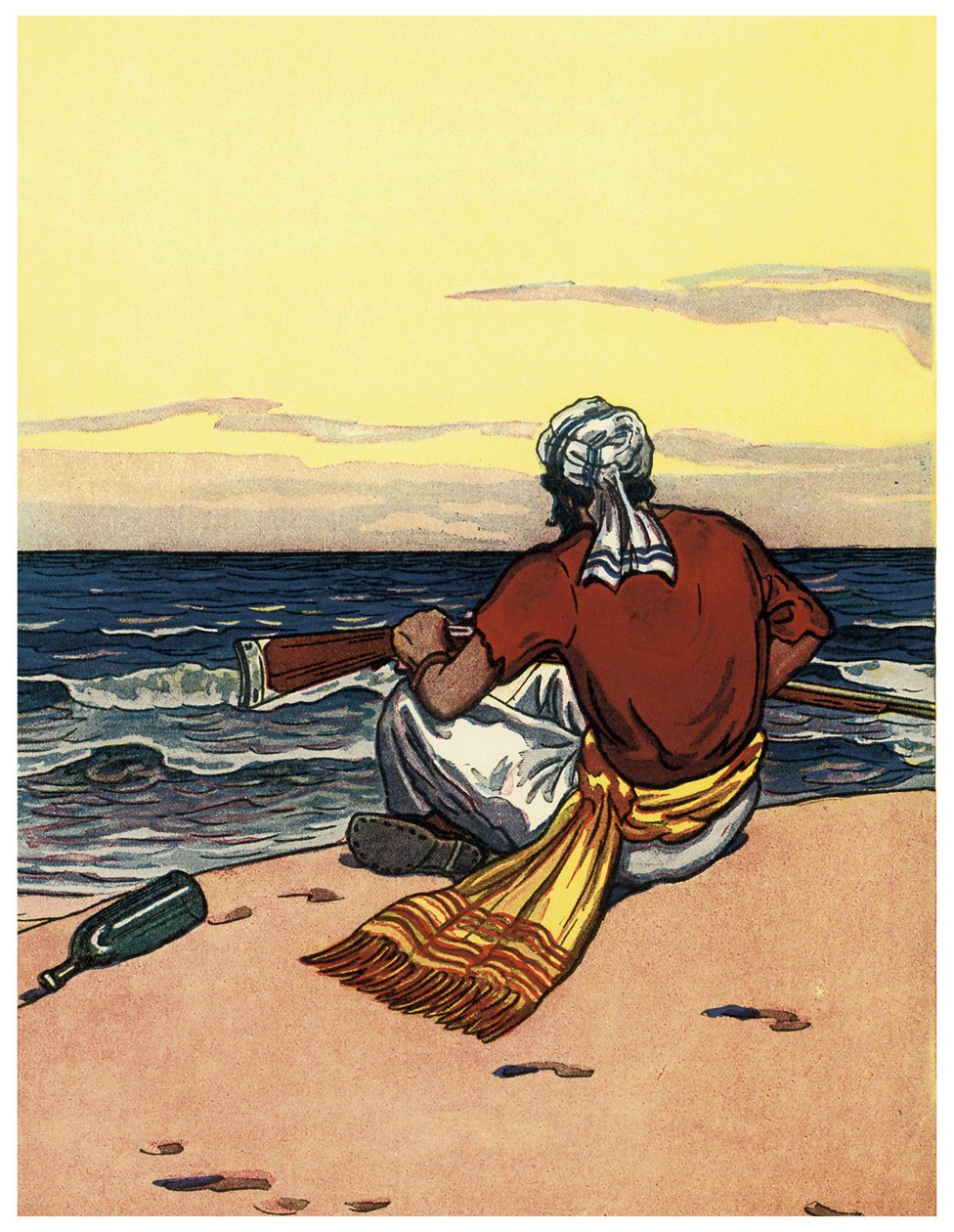 Merirosvo hylkäämässä autiolla saarella katselee horisonttiviivaa Kuvitus George Albert Williamsin (1875-1932) teoksesta "The Boys Books of Pirates" 1914 tekijältä George Alfred Williams