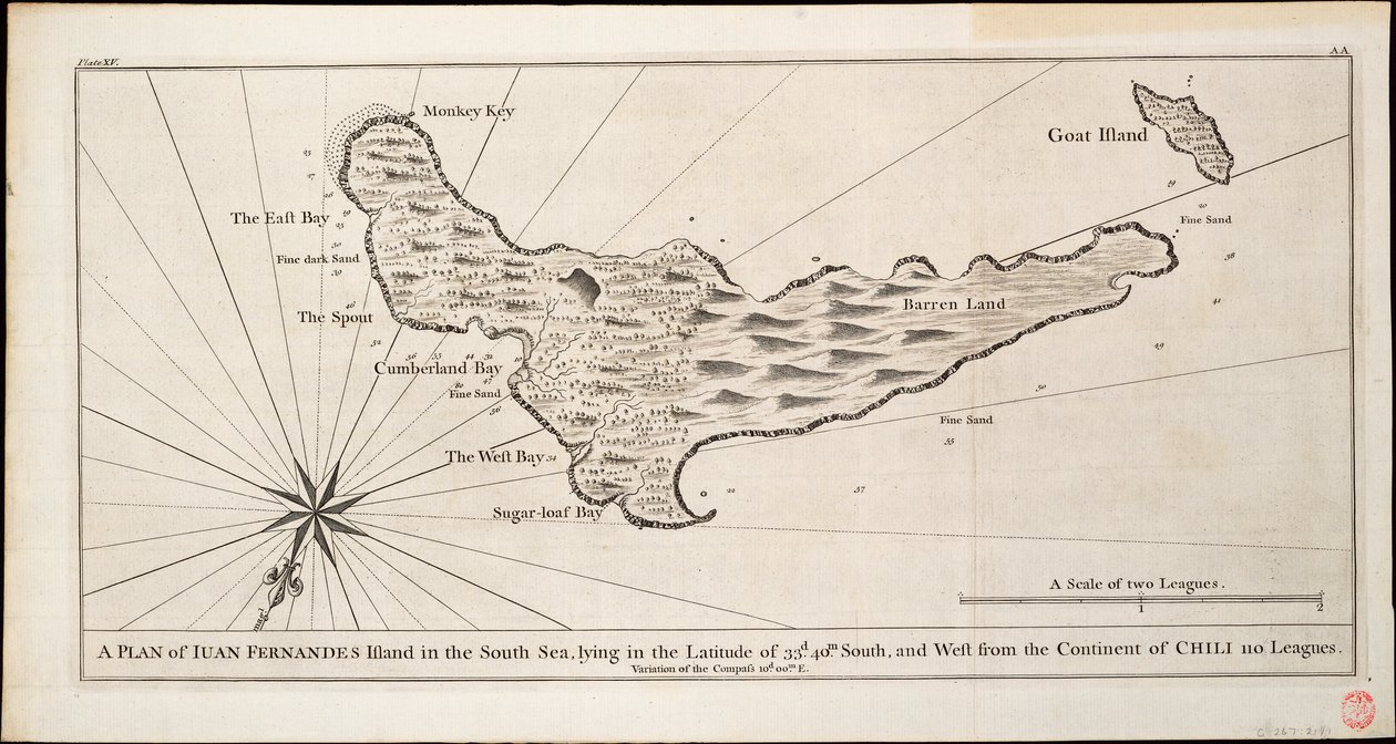 Suunnitelma Iuan Fernandesin saaresta Etelämerellä, joka sijaitsee 33d. leveyspiirillä. 40 m. eteläistä pituutta ja 110 peninkulmaa Chilin mantereesta länteen, noin 1750 (kaiverrus). tekijältä George Anson