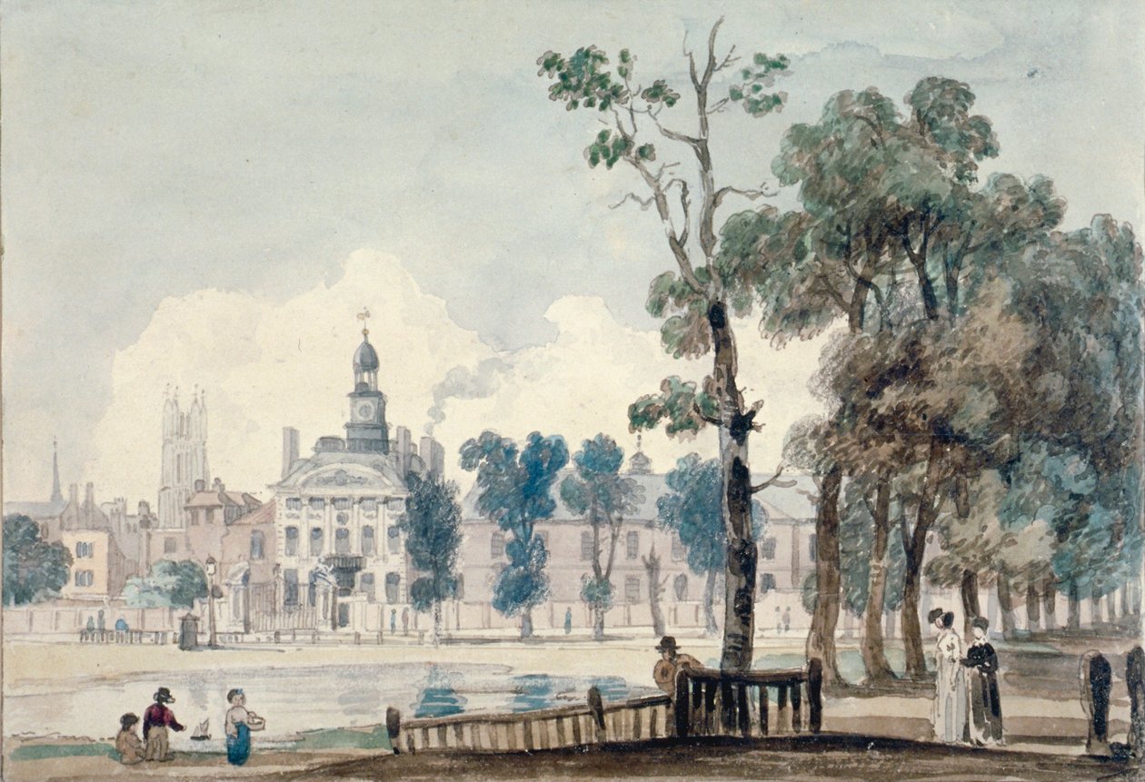 Ulkokuva Old Bethlehem Hospitalista, Moorfields, Lontoon kaupunki, 1811 tekijältä George Arnald