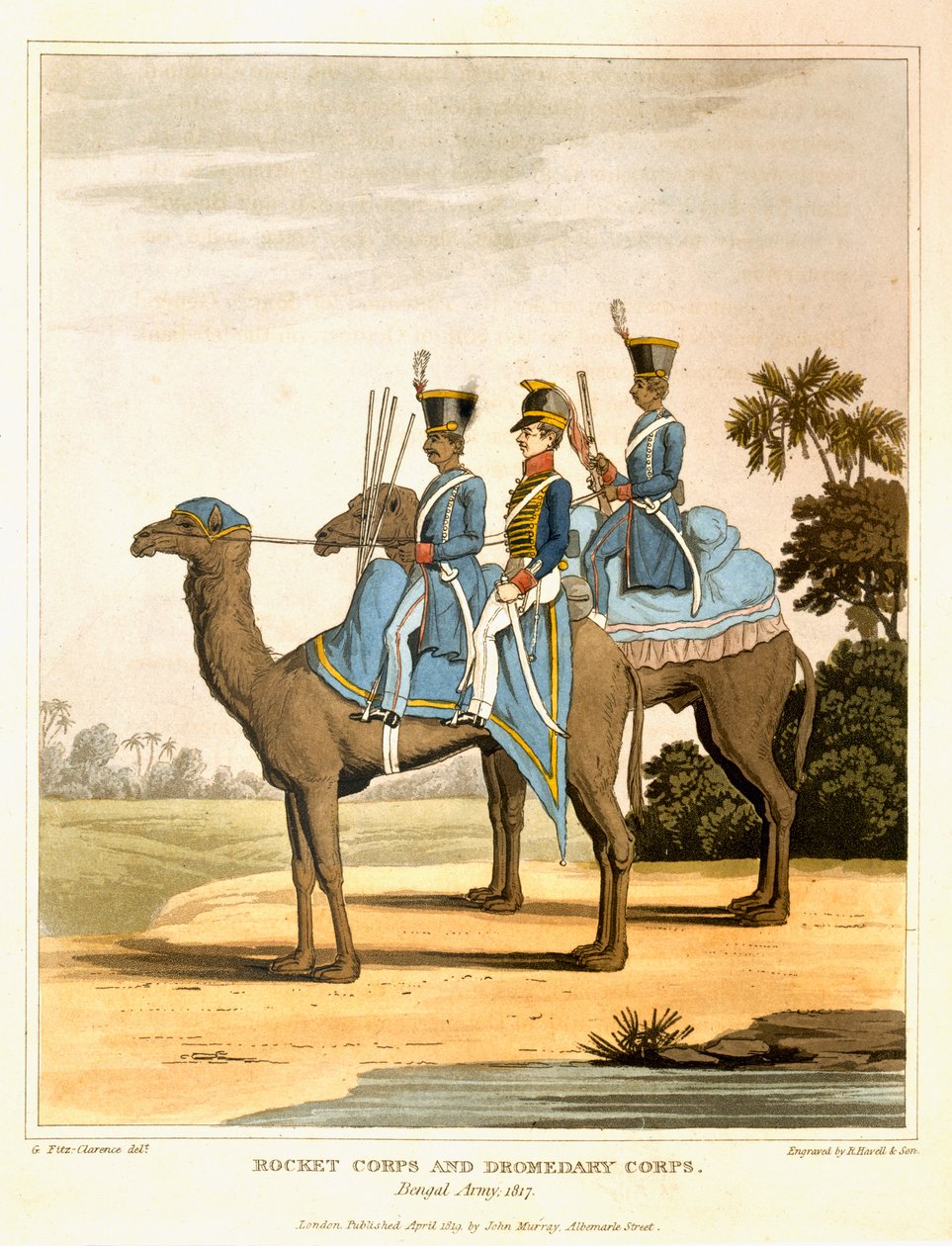 Rocket Corps and Dromedary Corps, Bengal Army 1817, julkaisusta "Journal of a Route Across India and Through Egypt", kaiverrus R. Havell ja Son, pub. Kirjailija: John Murray, 1819 tekijältä George Augustus Fitzclarence